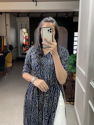 Navy Blue Foil Printed Cotton Kurti ClothsVilla