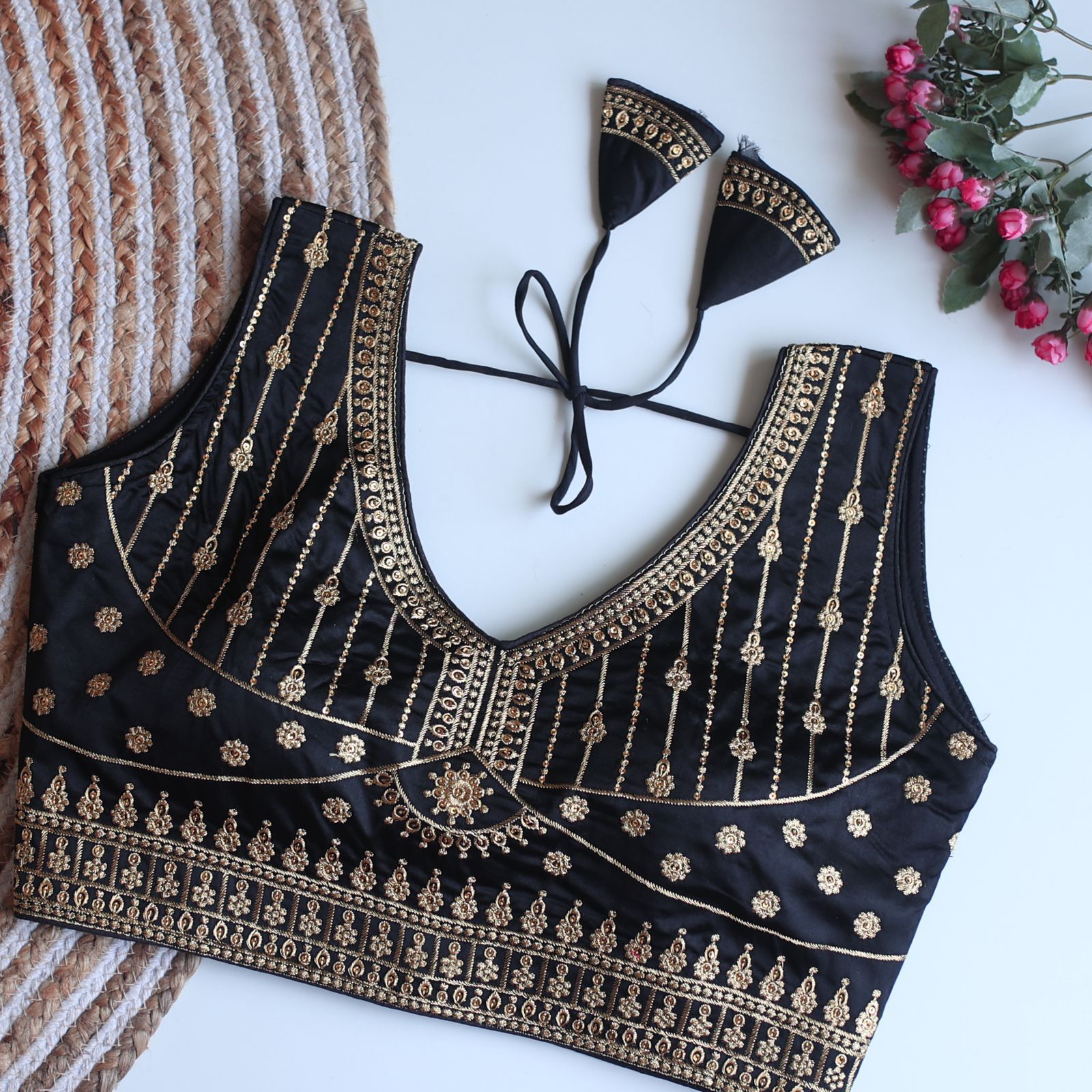 Navy Blue Full Embroidery Monsoon Silk Blouse with Golden Sequin Design ClothsVilla Main image