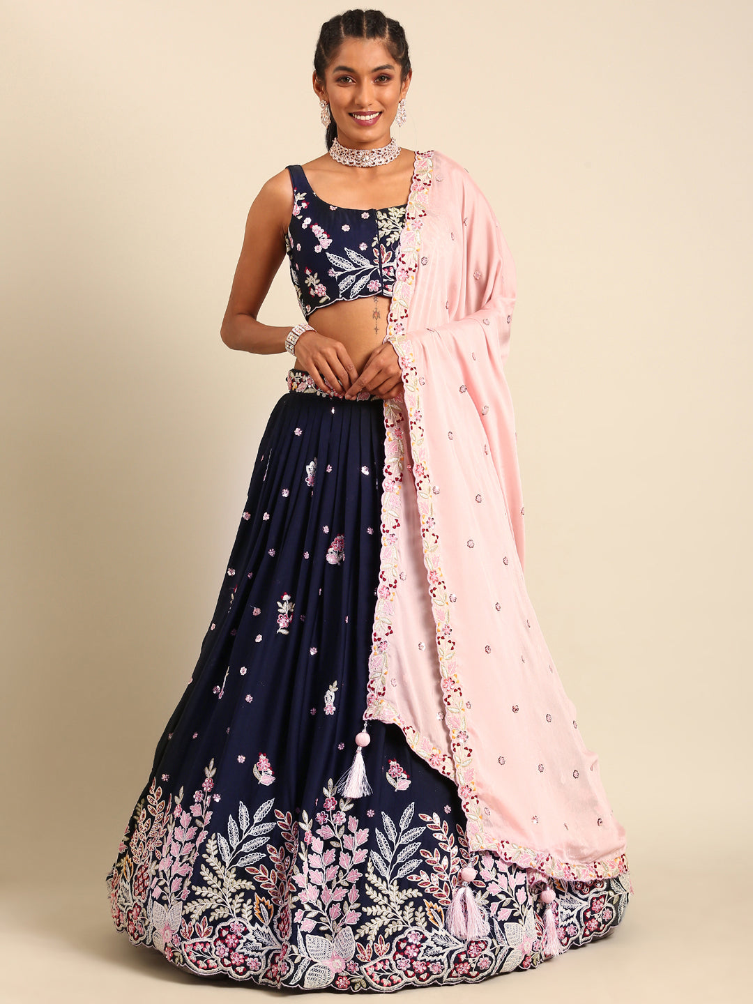 Navy blue Georgette Sequin-Thread embroidery Semi-Stitched Lehenga choli Clothsvilla
