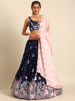 Navy blue Georgette Sequin-Thread embroidery Semi-Stitched Lehenga choli Clothsvilla