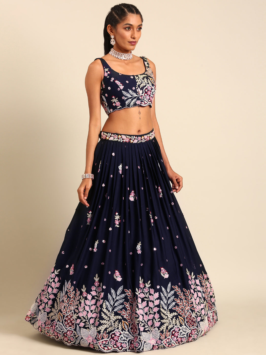 Navy blue Georgette Sequin-Thread embroidery Semi-Stitched Lehenga choli Clothsvilla