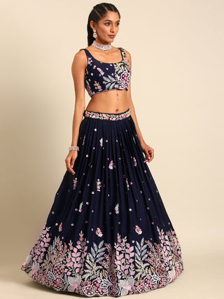 Navy blue Georgette Sequin-Thread embroidery Semi-Stitched Lehenga choli Clothsvilla