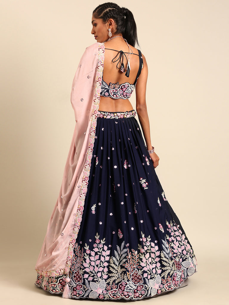 Navy blue Georgette Sequin-Thread embroidery Semi-Stitched Lehenga choli Clothsvilla