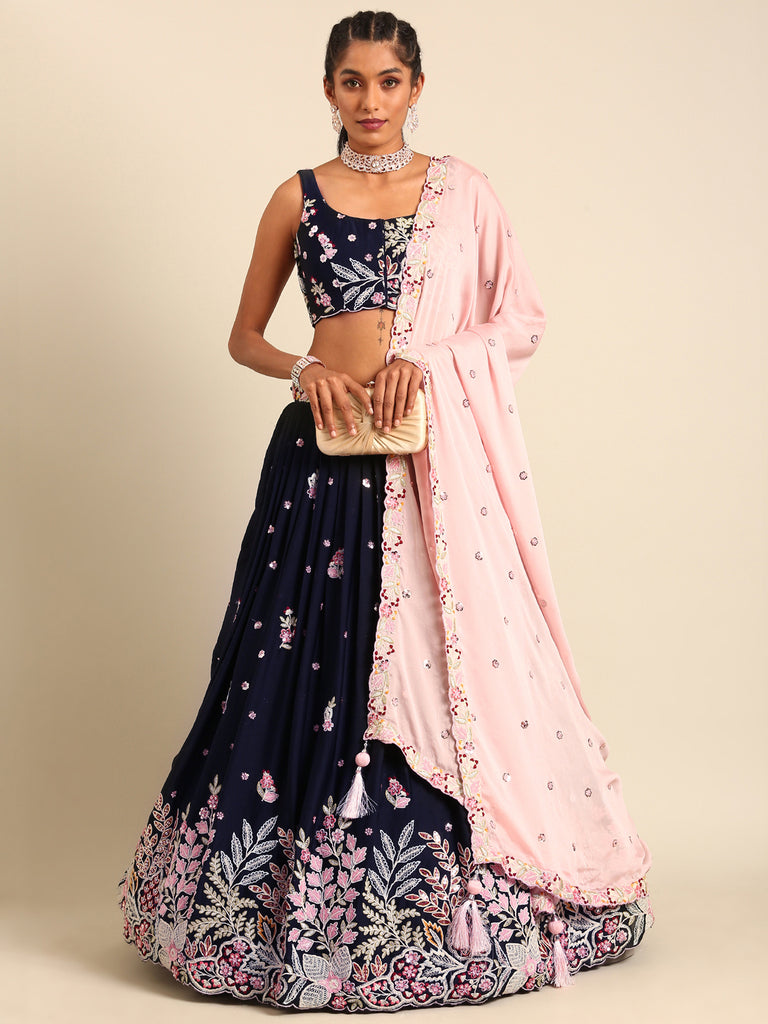 Navy blue Georgette Sequin-Thread embroidery Semi-Stitched Lehenga choli Clothsvilla