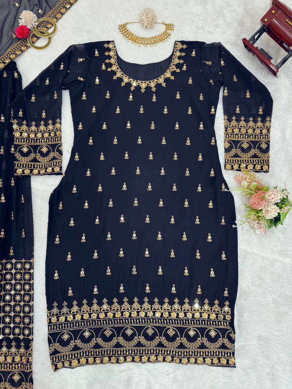Navy Blue Glamorous Faux Georgette Plazo Set with Dupatta Clothsvilla