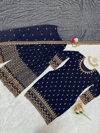 Navy Blue Glamorous Faux Georgette Plazo Set with Dupatta Clothsvilla
