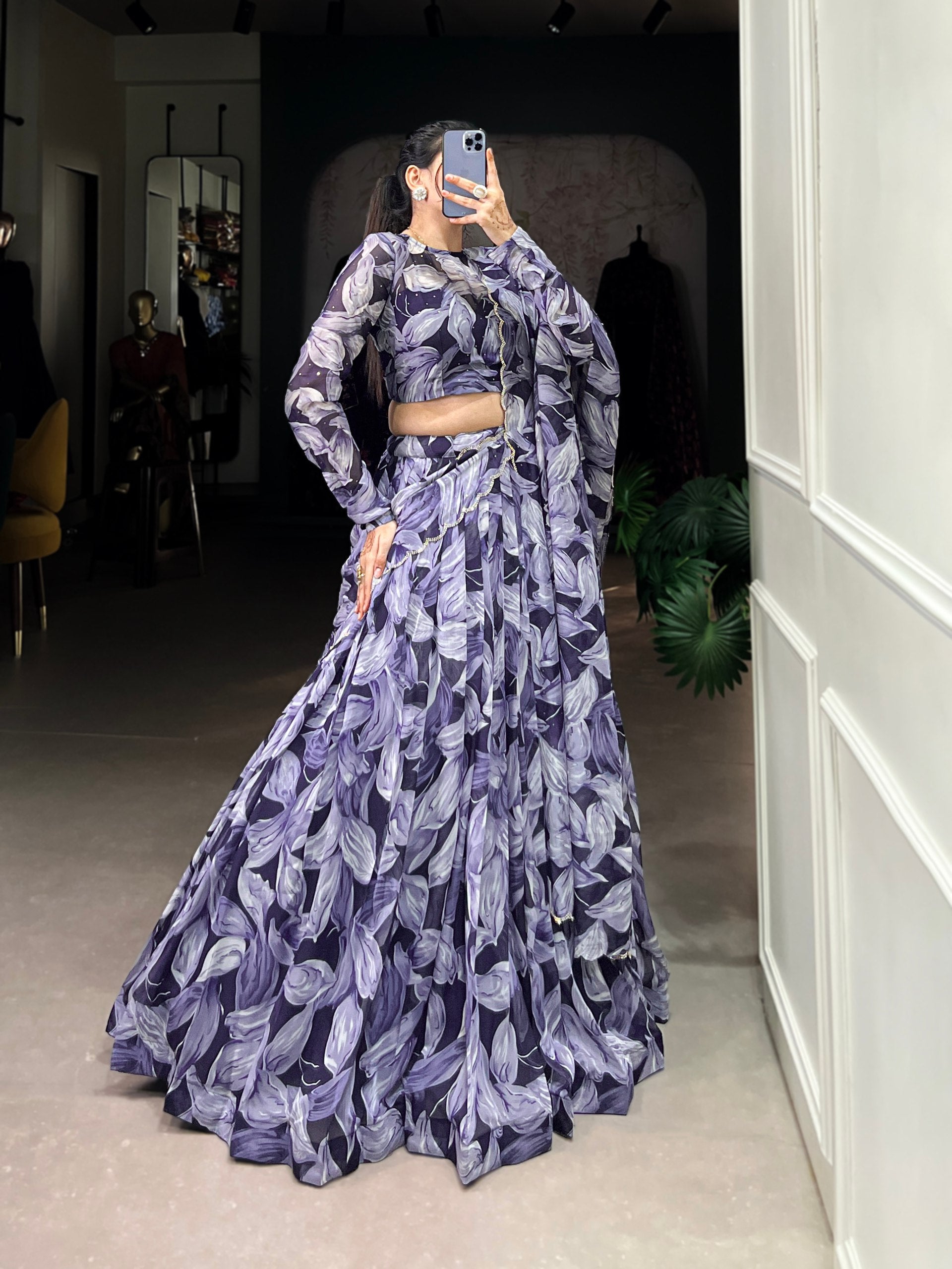 Navy Blue Glamorous Grace Tabby Silk Lehenga Set with Hotfix Detailing