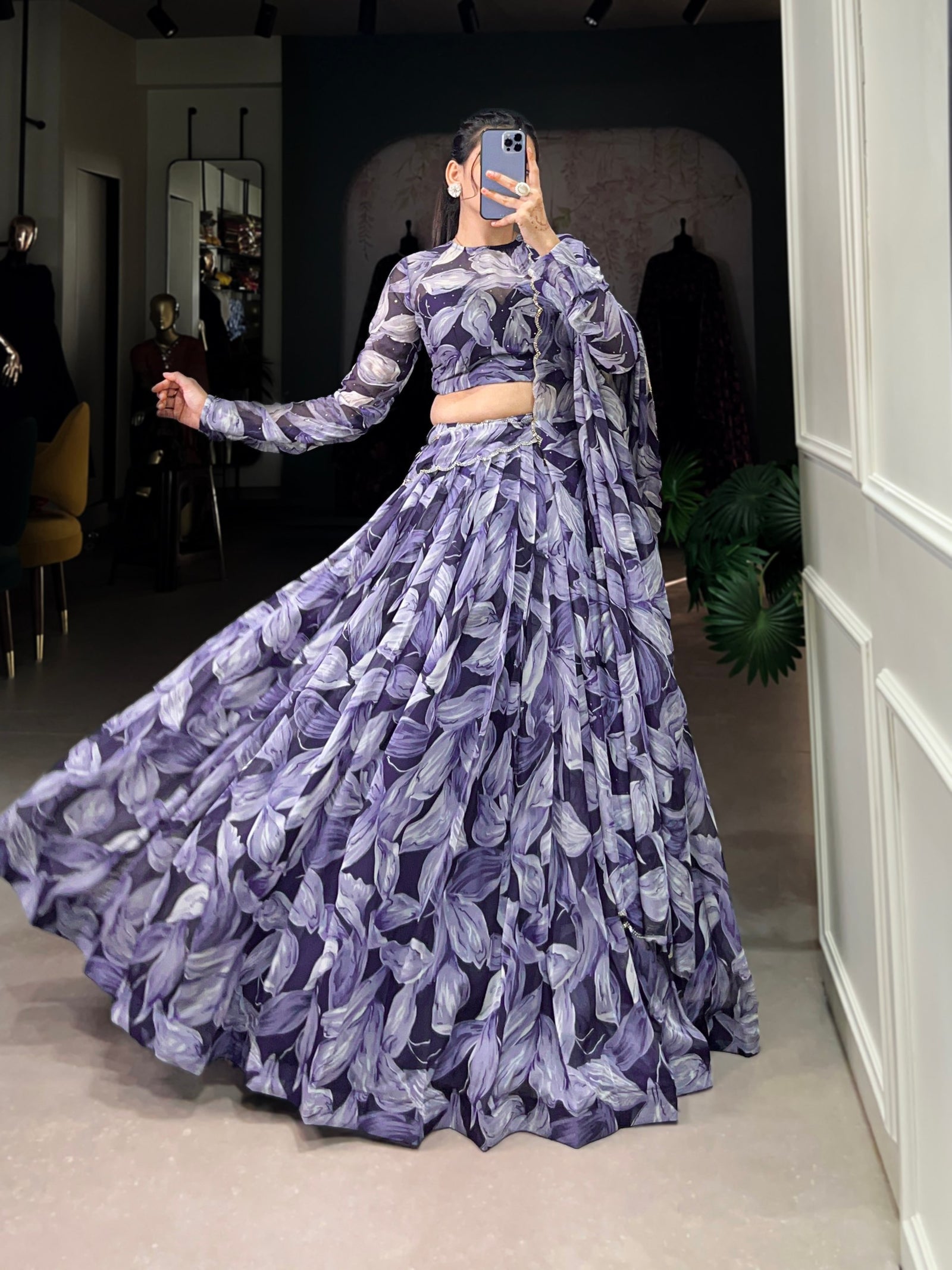 Navy Blue Glamorous Grace Tabby Silk Lehenga Set with Hotfix Detailing