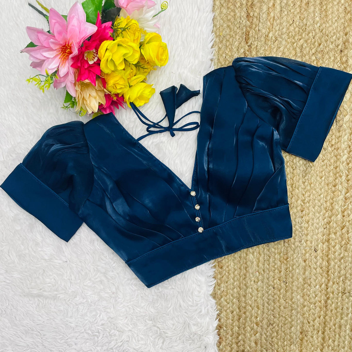 Navy Blue Glamorous Ruffled Metallic Jimmy Choo Blouse ClothsVilla Main image