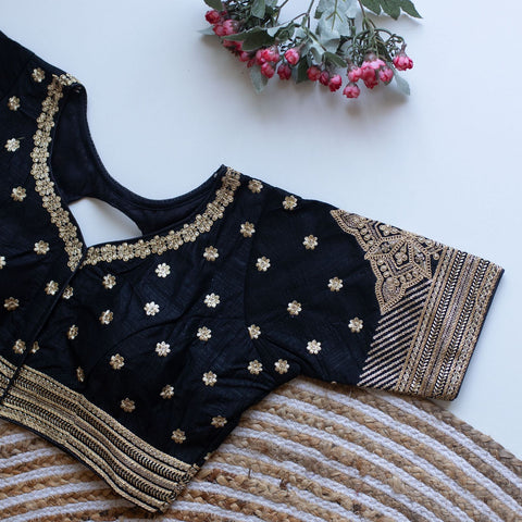 Navy Blue Golden Embroidered Blouse with Sequins – Caterpillar Silk Elegance ClothsVilla Main image