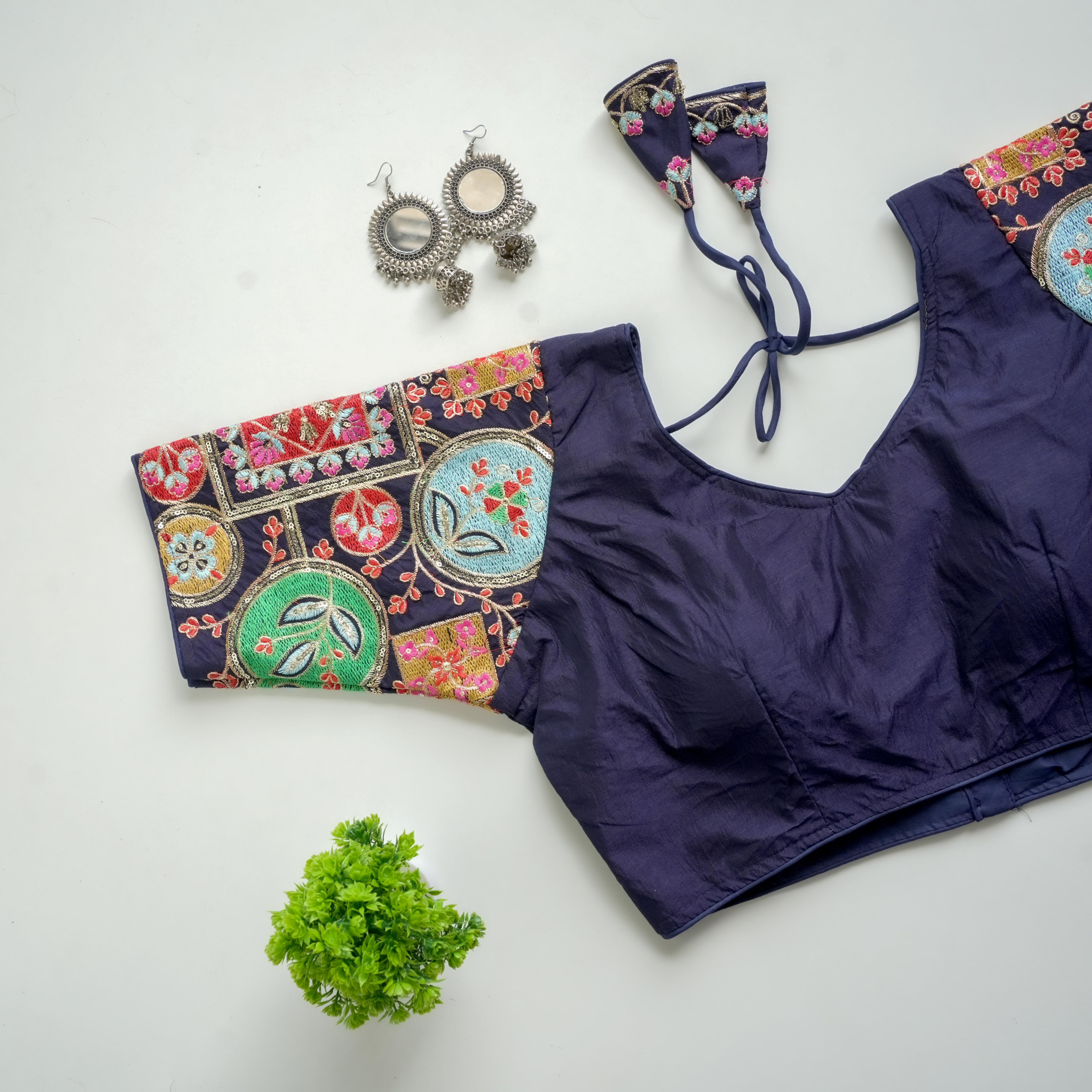 Navy Blue Golden Embroidered Blouse with Sequins on Seoul Silk Sleeves ClothsVilla Main image
