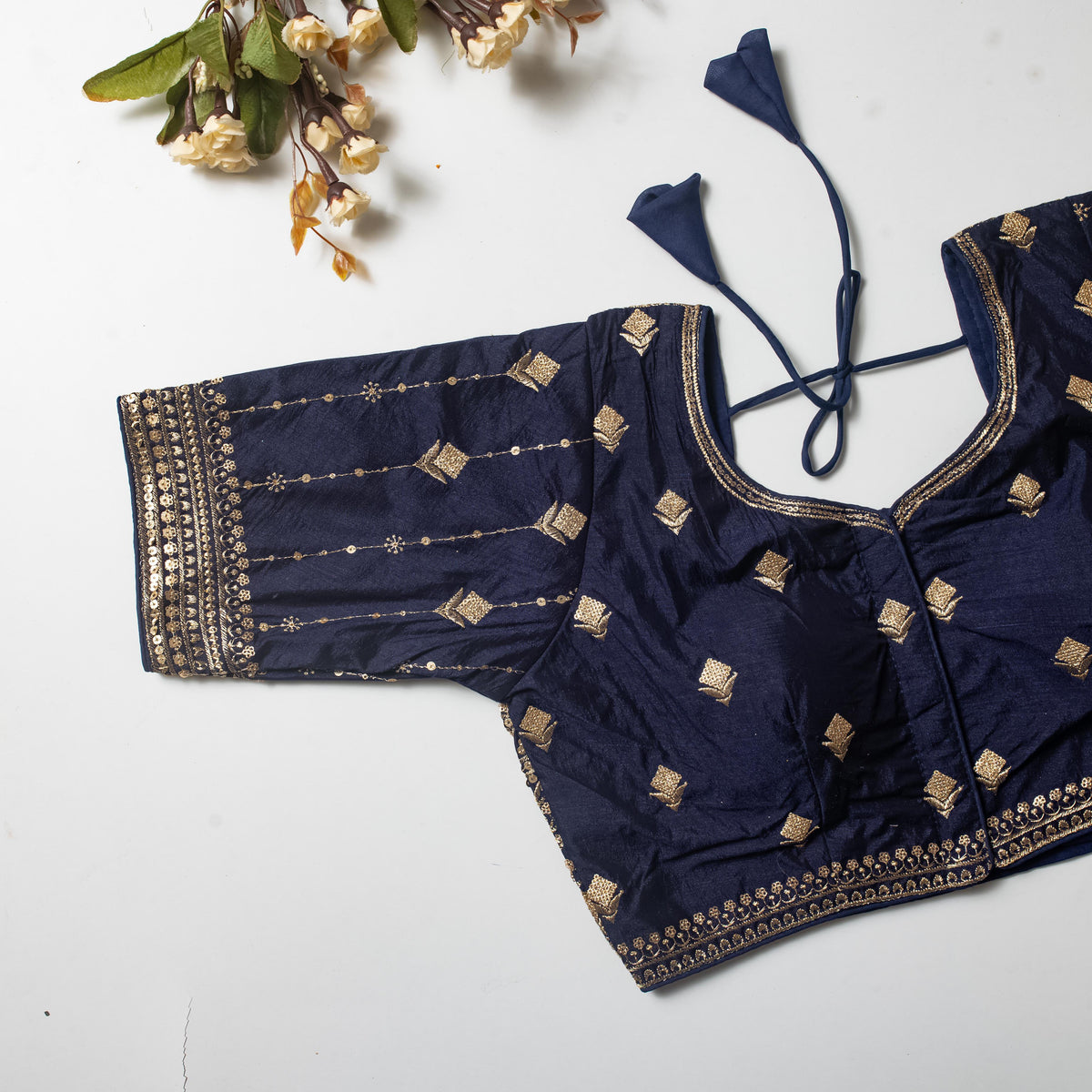 Navy Blue Golden Embroidered Vibrant Silk Blouse with Sequins ClothsVilla Main image