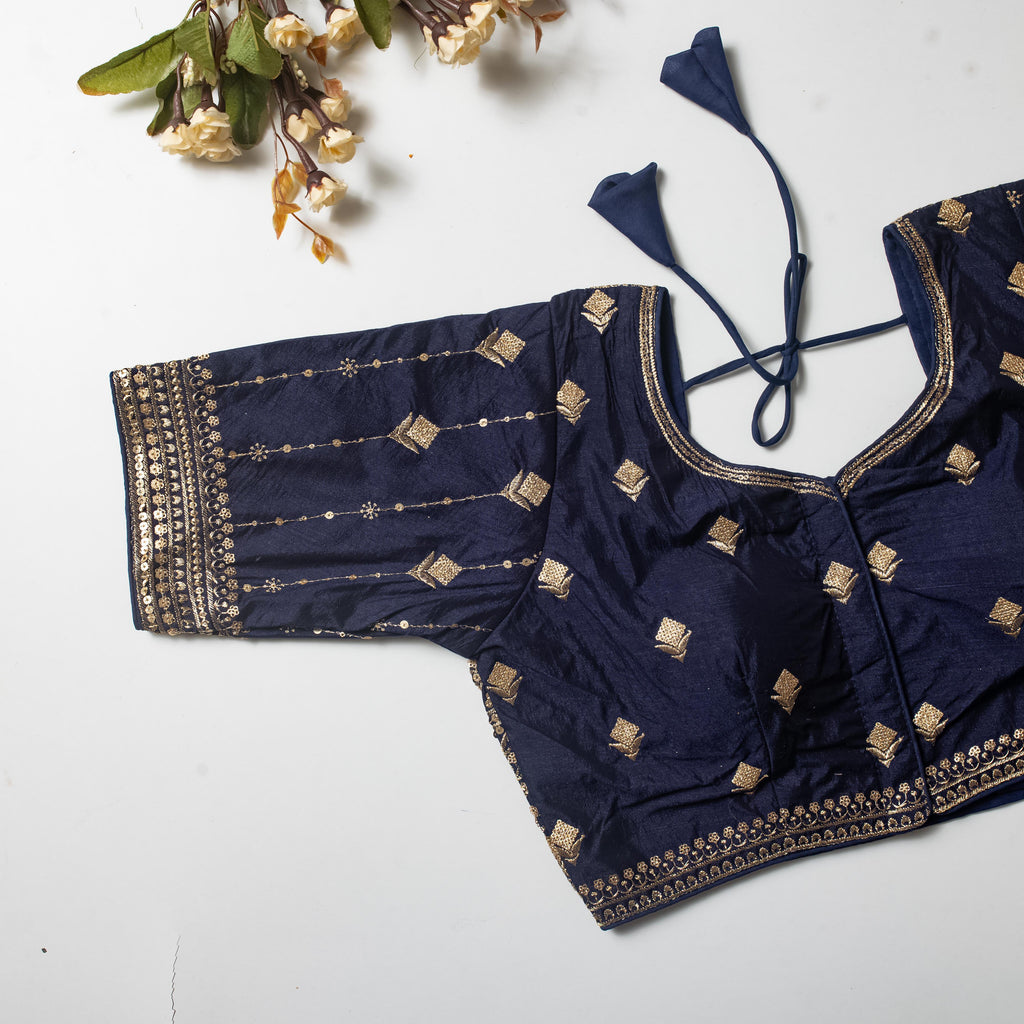 Navy Blue Golden Embroidered Vibrant Silk Blouse with Sequins ClothsVilla