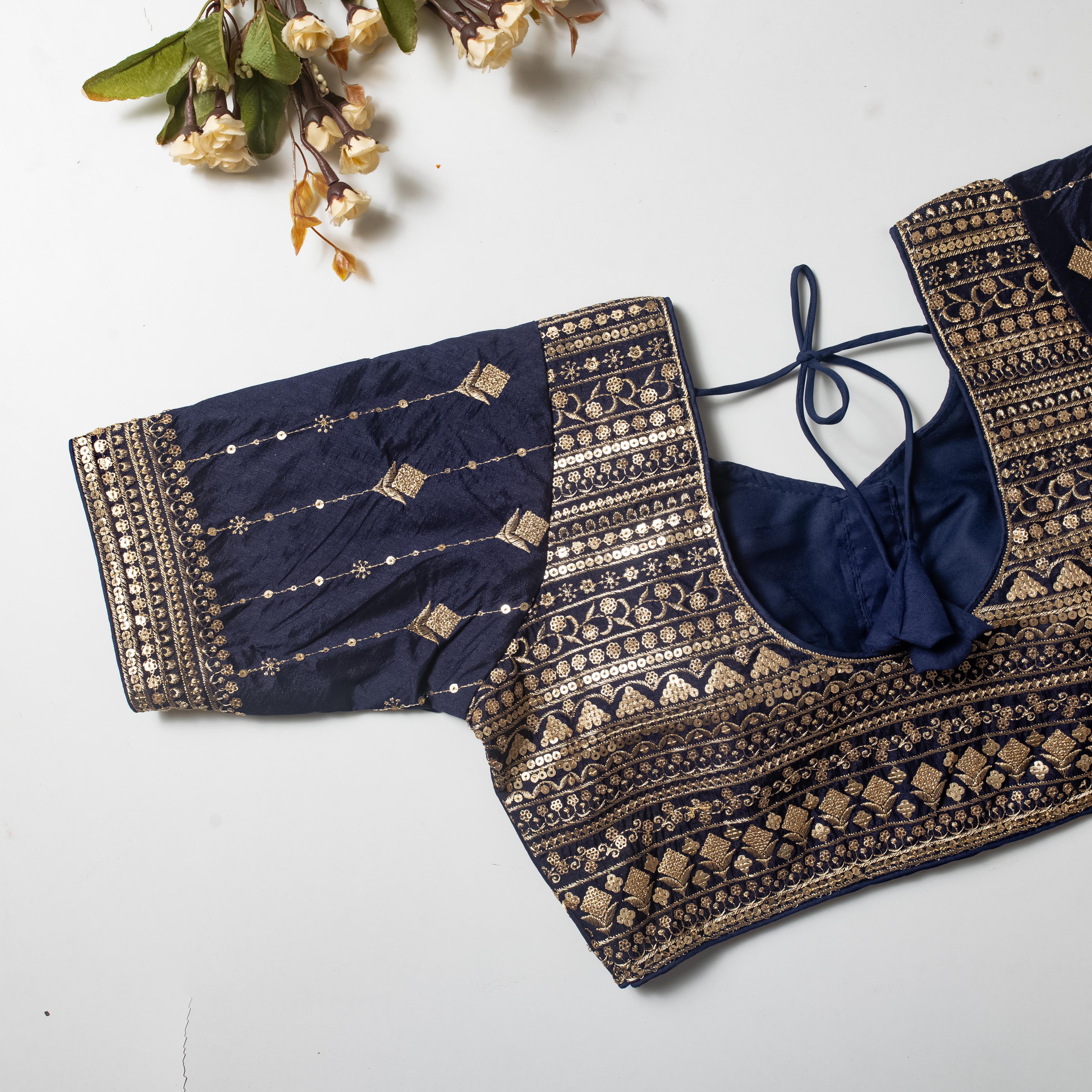 Navy Blue Golden Embroidered Vibrant Silk Blouse with Sequins Secondary image
