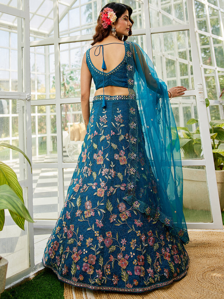 Navy Blue Gorgeous Net Lehenga Choli Set with Heavy Sequins and Thread Embroidery ClothsVilla