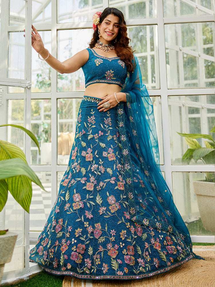 Navy Blue Gorgeous Net Lehenga Choli Set with Heavy Sequins and Thread Embroidery ClothsVilla
