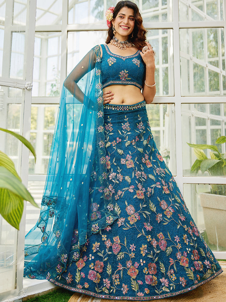 Navy Blue Gorgeous Net Lehenga Choli Set with Heavy Sequins and Thread Embroidery ClothsVilla