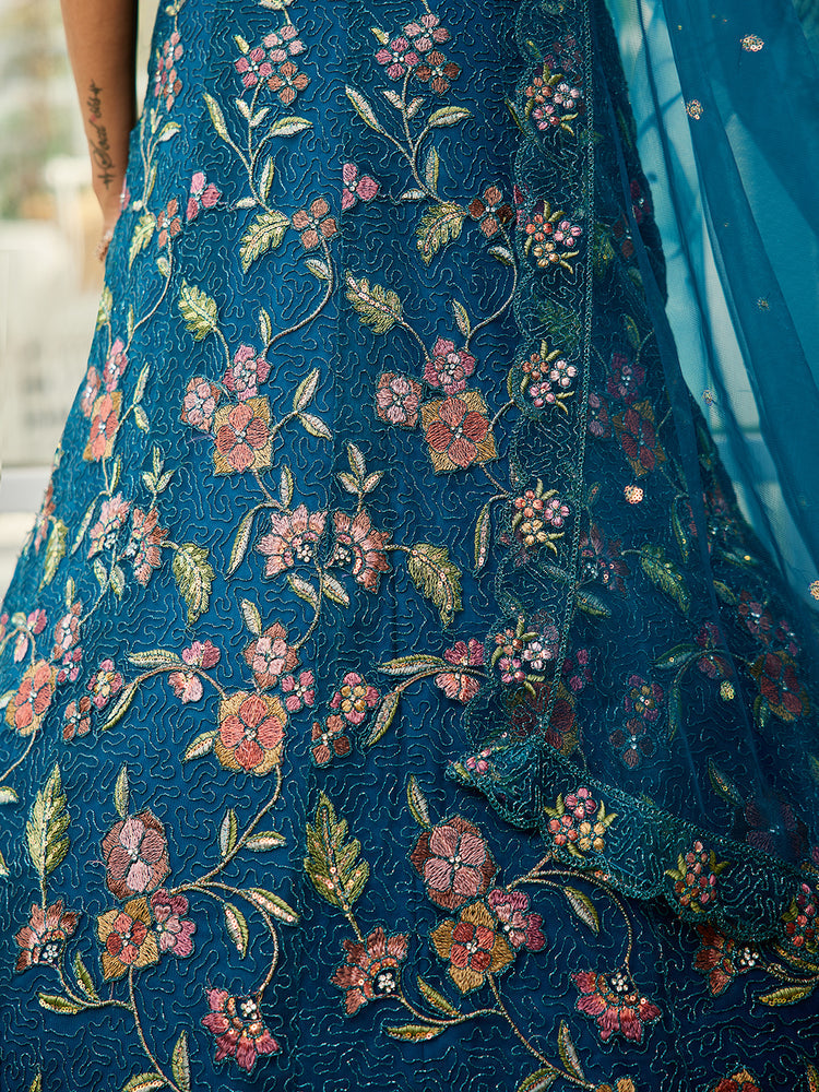 Navy Blue Gorgeous Net Lehenga Choli Set with Heavy Sequins and Thread Embroidery ClothsVilla