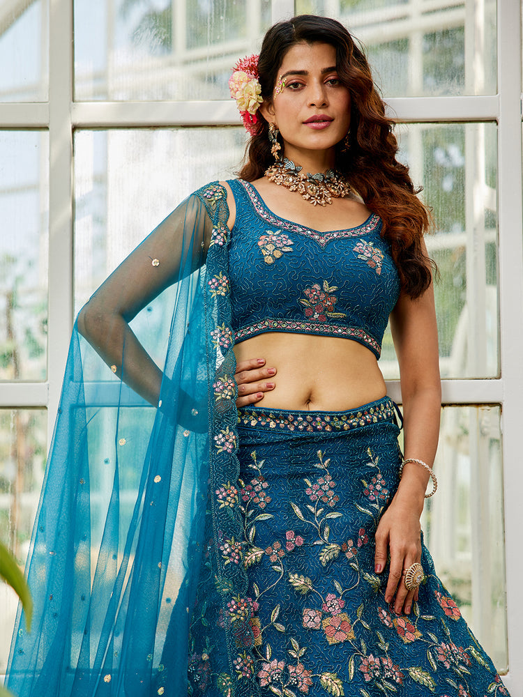 Navy Blue Gorgeous Net Lehenga Choli Set with Heavy Sequins and Thread Embroidery ClothsVilla