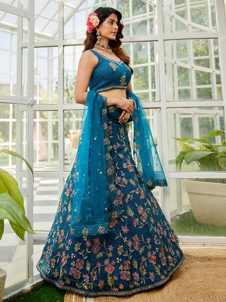 Navy Blue Gorgeous Net Lehenga Choli Set with Heavy Sequins and Thread Embroidery ClothsVilla
