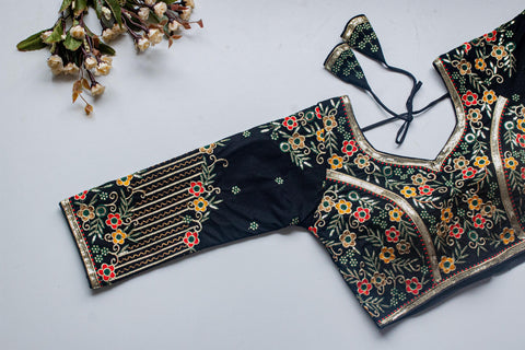 Navy Blue Handcrafted Sequined Blouse in Khushi Silk ClothsVilla Main image