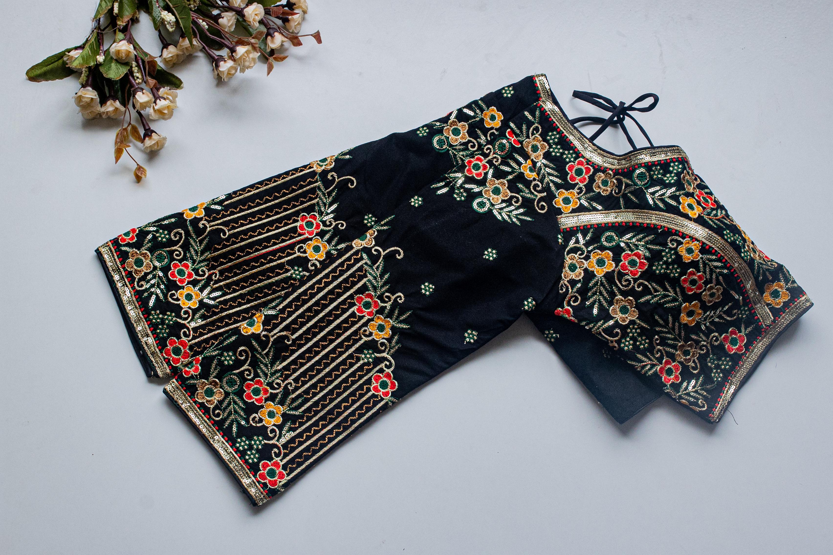 Navy Blue Handcrafted Sequined Blouse in Khushi Silk Secondary image