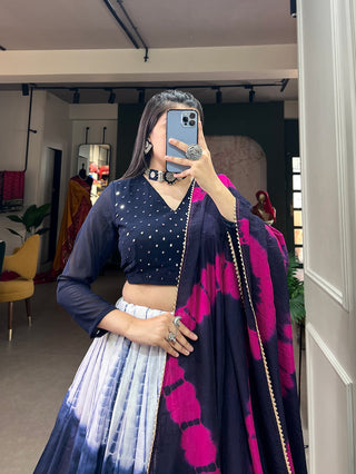 Navy Blue Handcrafted Shibori Print Lehenga Choli with Zari Border ClothsVilla