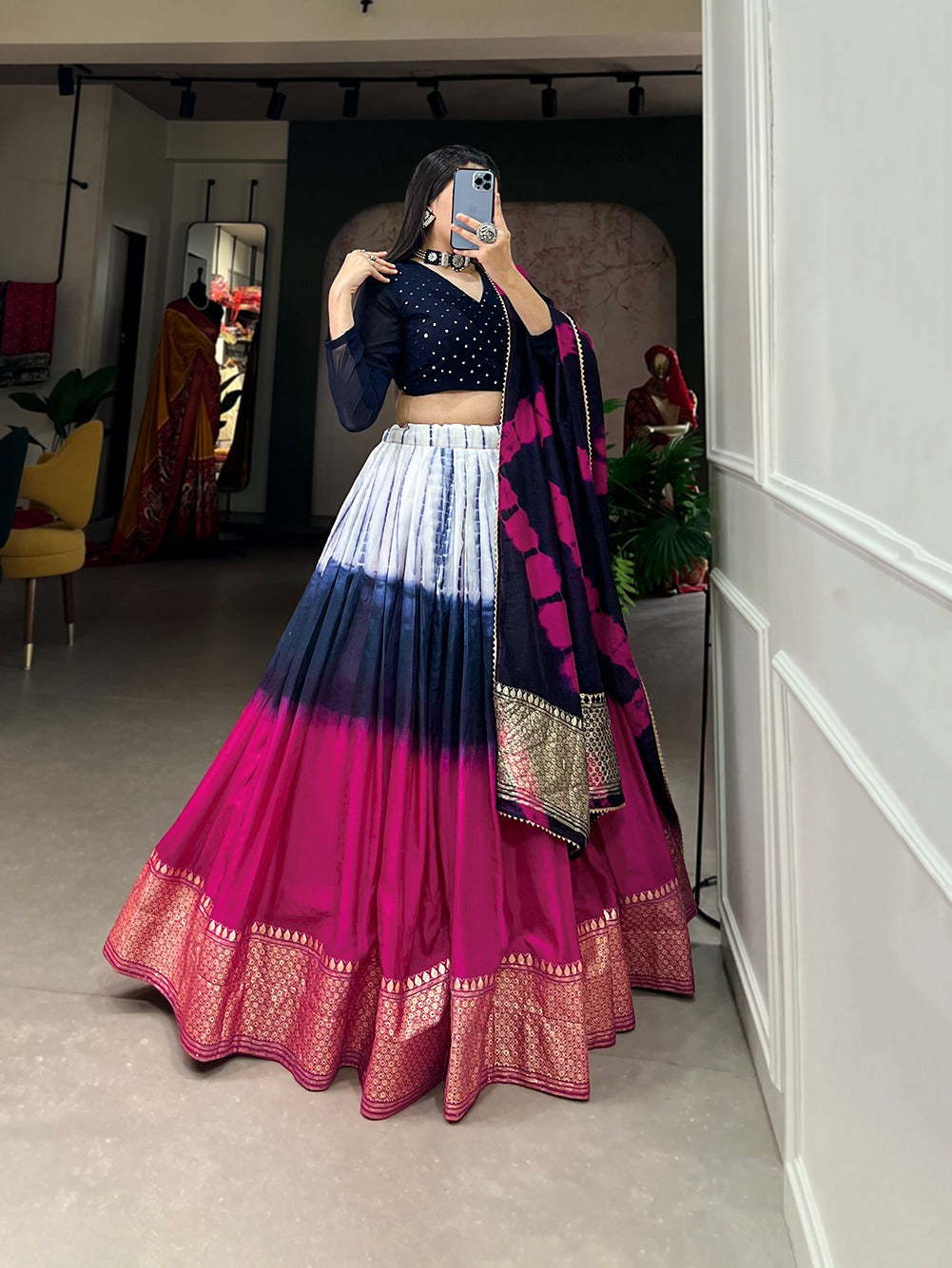 Navy Blue Handcrafted Shibori Print Lehenga Choli with Zari Border ClothsVilla
