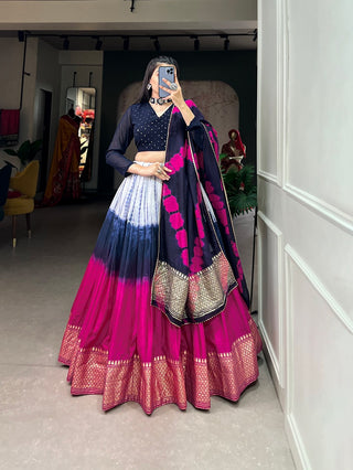 Navy Blue Handcrafted Shibori Print Lehenga Choli with Zari Border ClothsVilla