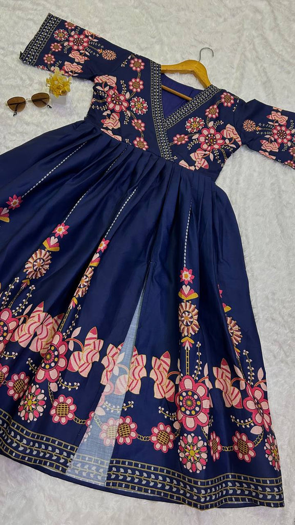 Navy Blue Heavy Cotton Slub Silk Dress with Digital Print Work ClothsVilla