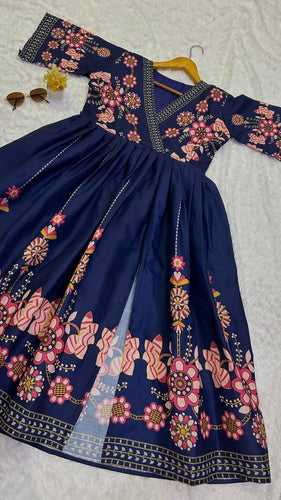 Navy Blue Heavy Cotton Slub Silk Dress with Digital Print Work ClothsVilla