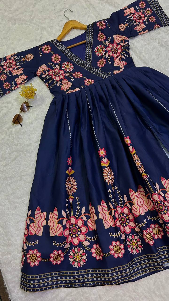 Navy Blue Heavy Cotton Slub Silk Dress with Digital Print Work ClothsVilla