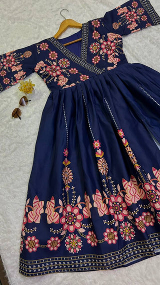 Navy Blue Heavy Cotton Slub Silk Dress with Digital Print Work ClothsVilla