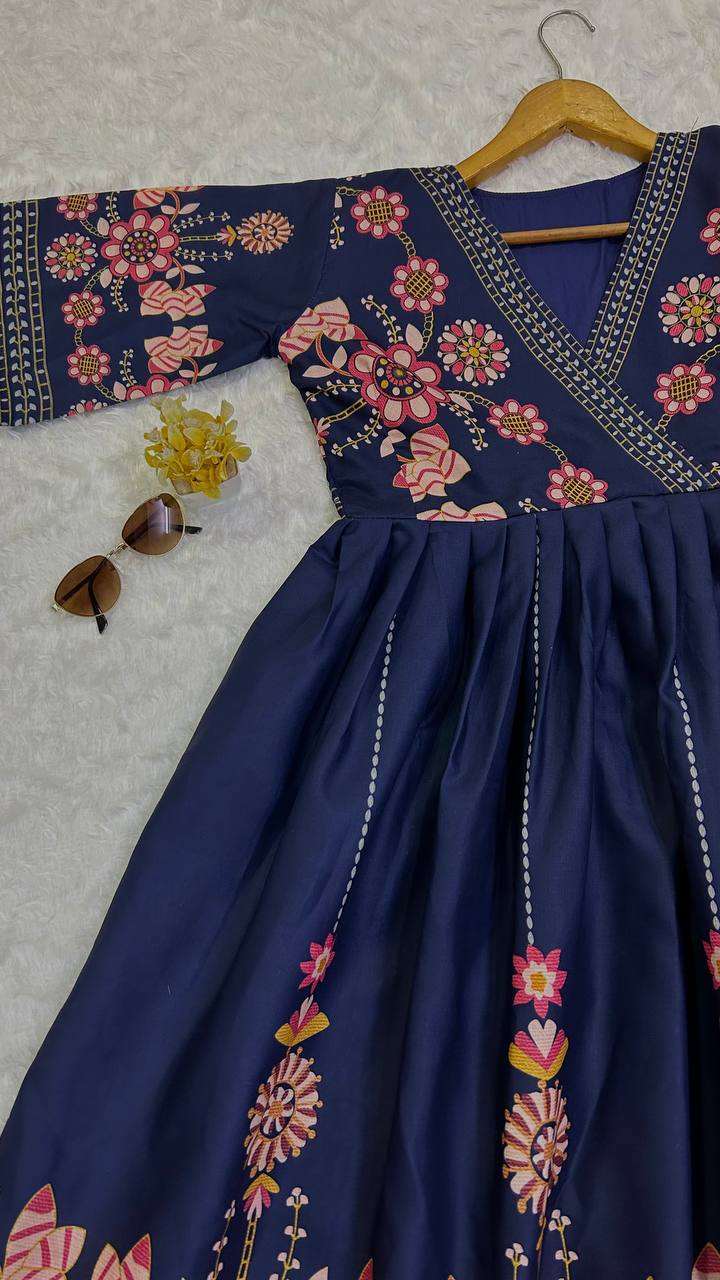Navy Blue Heavy Cotton Slub Silk Dress with Digital Print Work ClothsVilla