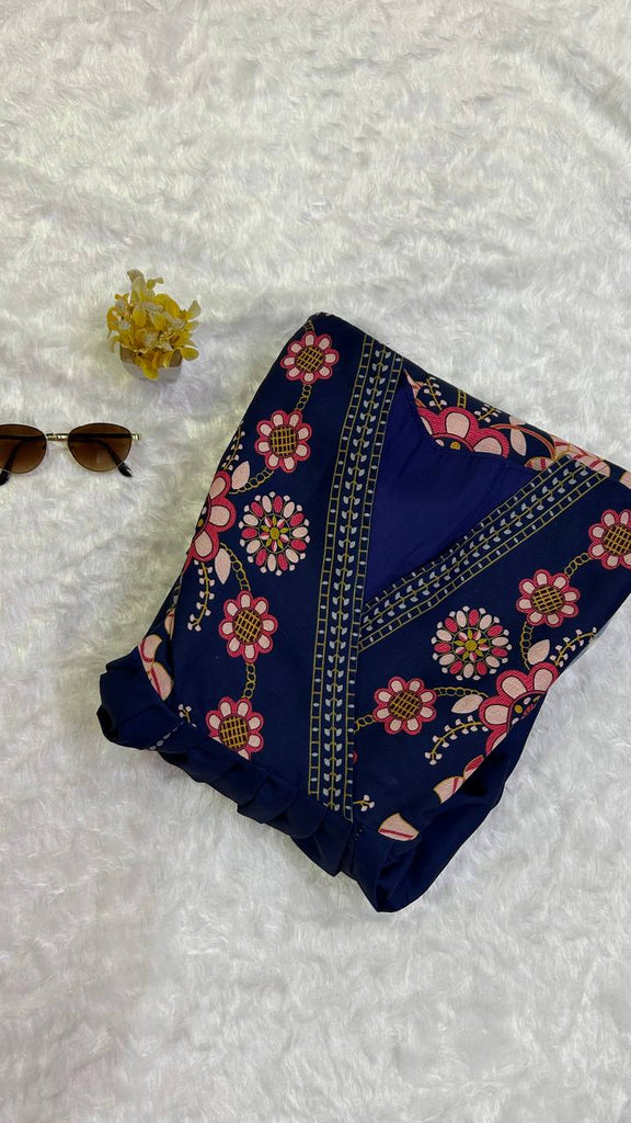 Navy Blue Heavy Cotton Slub Silk Dress with Digital Print Work ClothsVilla