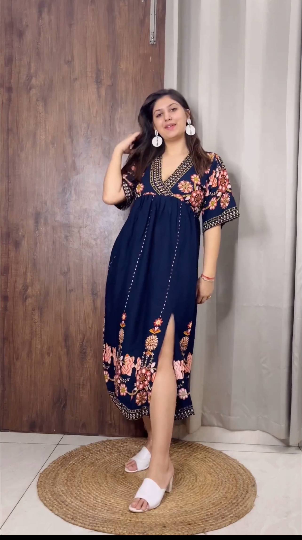 Navy Blue Heavy Cotton Slub Silk Dress with Digital Print Work ClothsVilla