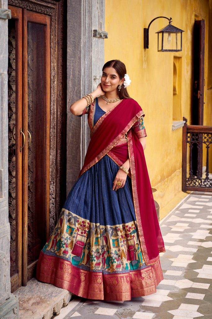 Navy Blue Kalamkari Printed Poly Chanderi Lehenga Set with Georgette Dupatta ClothsVilla
