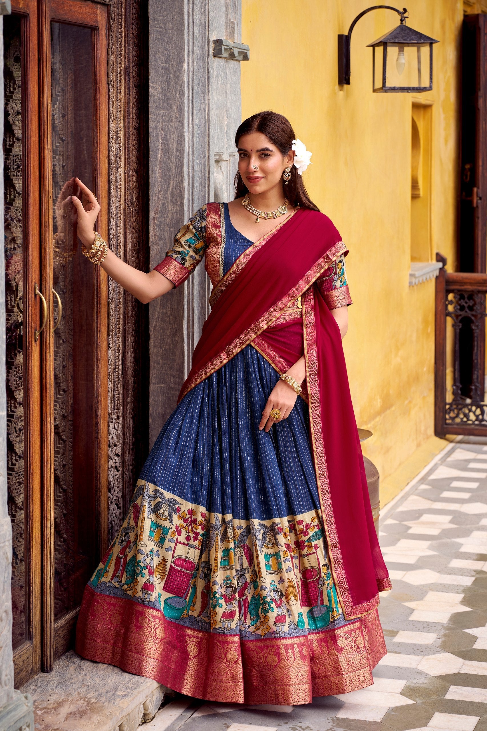 Navy Blue Kalamkari Printed Poly Chanderi Lehenga Set with G