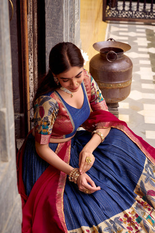 Navy Blue Kalamkari Printed Poly Chanderi Lehenga Set with Georgette Dupatta ClothsVilla
