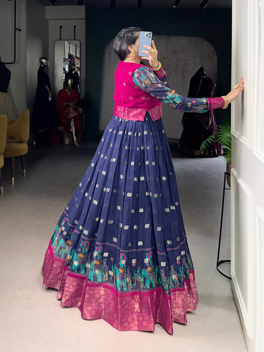 Navy Blue Kalamkari Printed Poly Cotton Gown with Zari Weaving Koti Set ClothsVilla