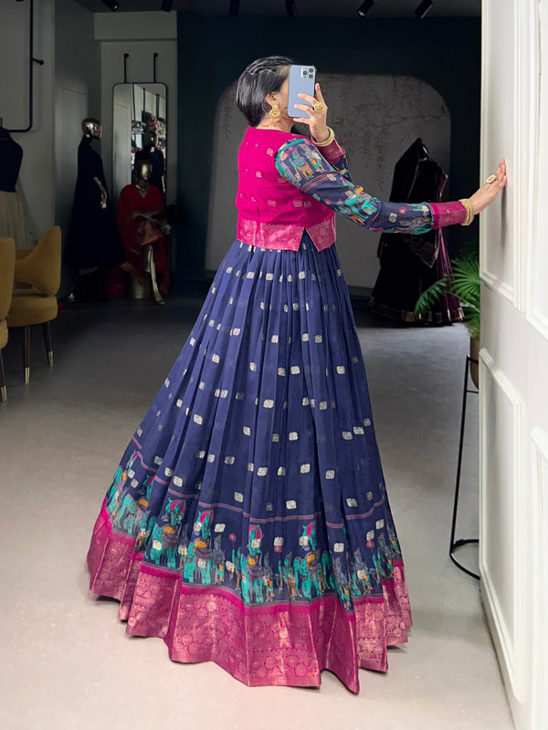 Navy Blue Kalamkari Printed Poly Cotton Gown with Zari Weaving Koti Set ClothsVilla