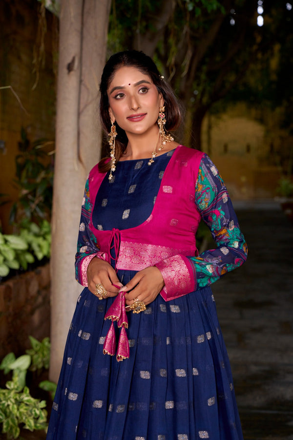 Navy Blue Kalamkari Printed Poly Cotton Gown with Zari Weaving Koti Set ClothsVilla