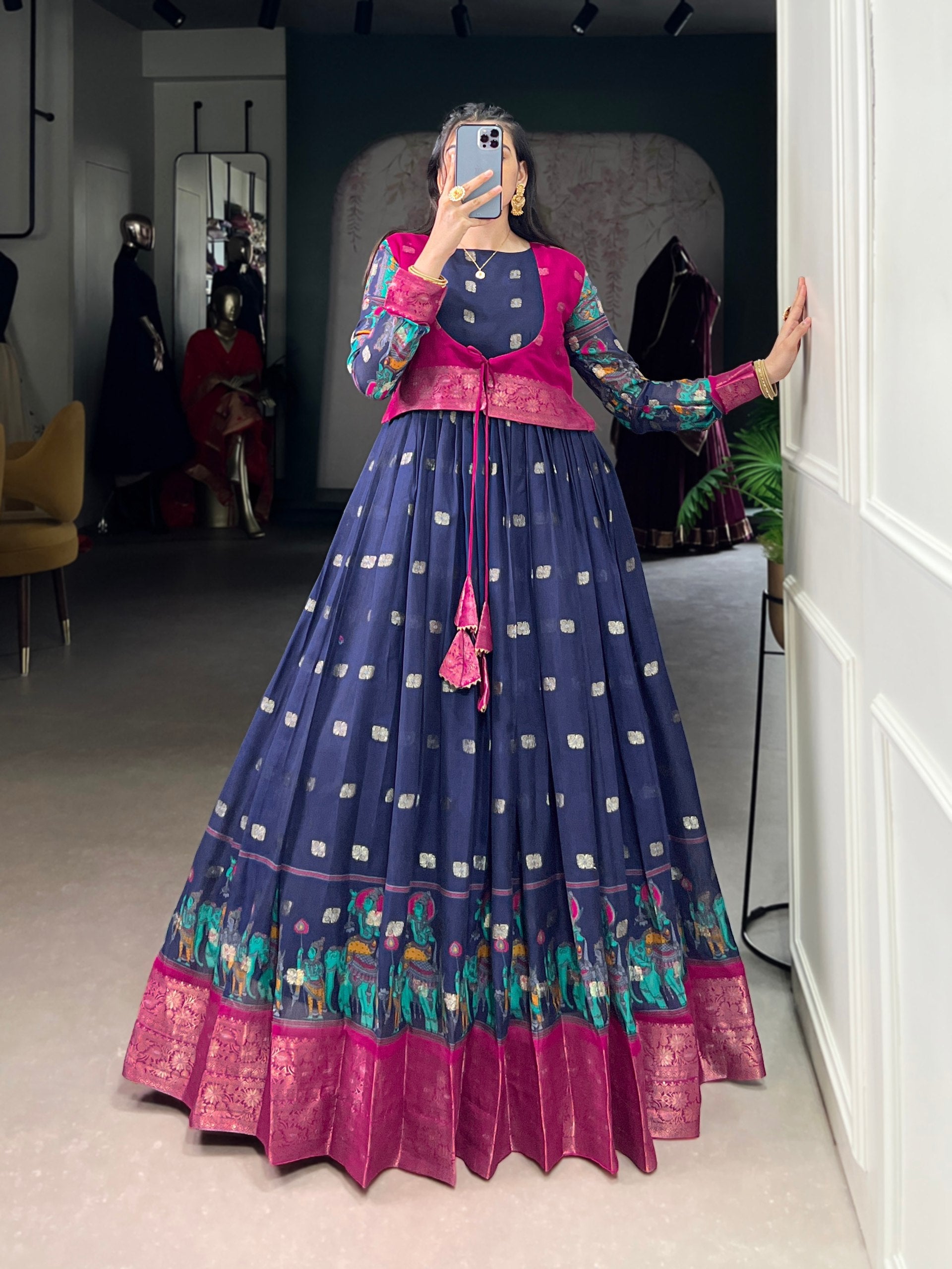 Navy Blue Kalamkari Printed Poly Cotton Gown with Zari Weaving Koti Set ClothsVilla