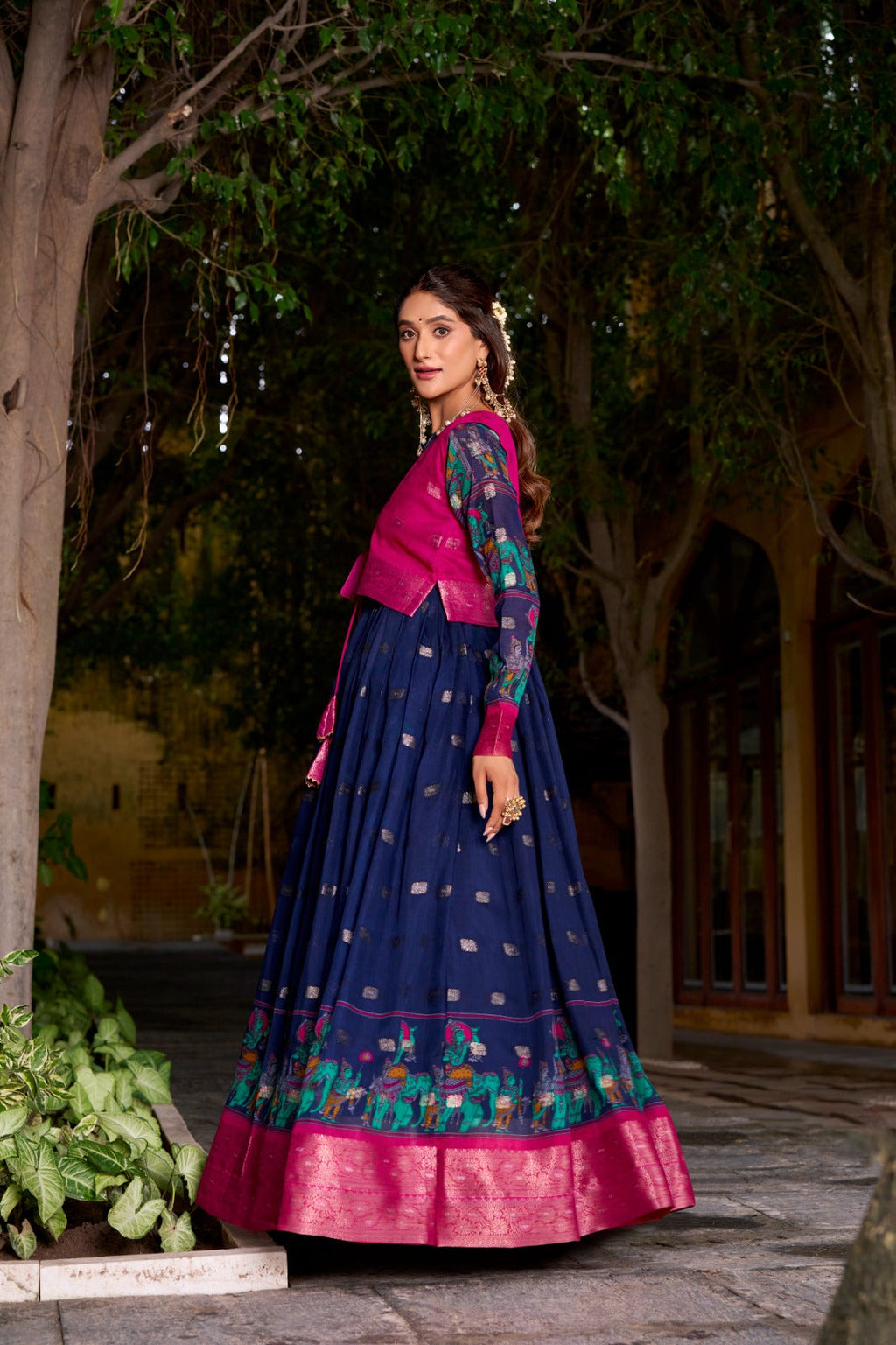 Navy Blue Kalamkari Printed Poly Cotton Gown with Zari Weaving Koti Set ClothsVilla