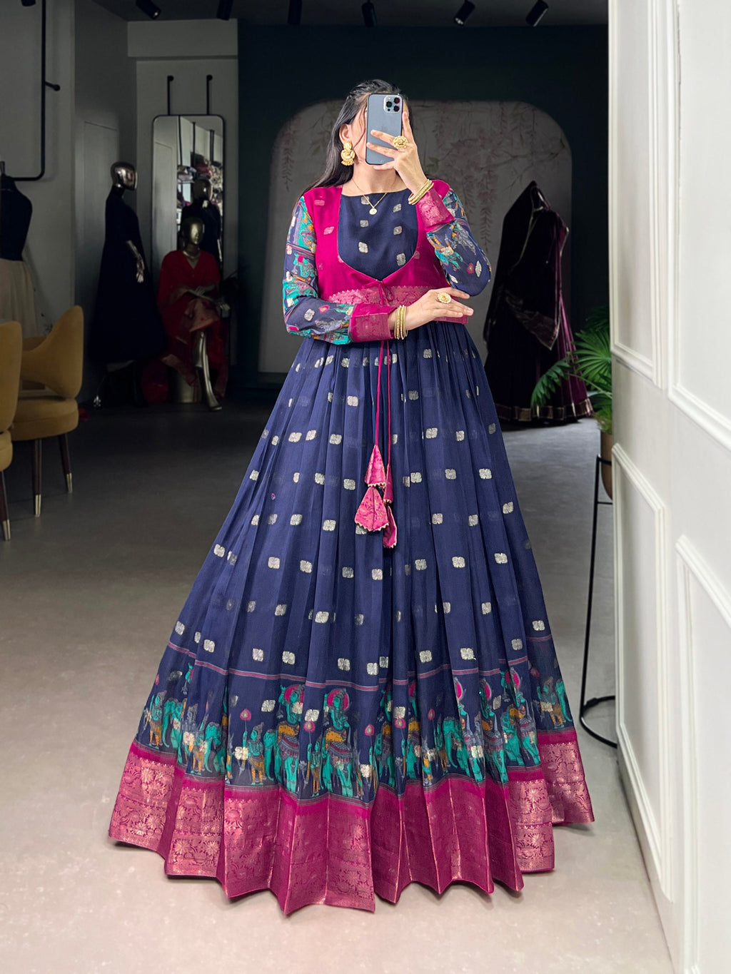 Navy Blue Kalamkari Printed Poly Cotton Gown with Zari Weaving Koti Set ClothsVilla