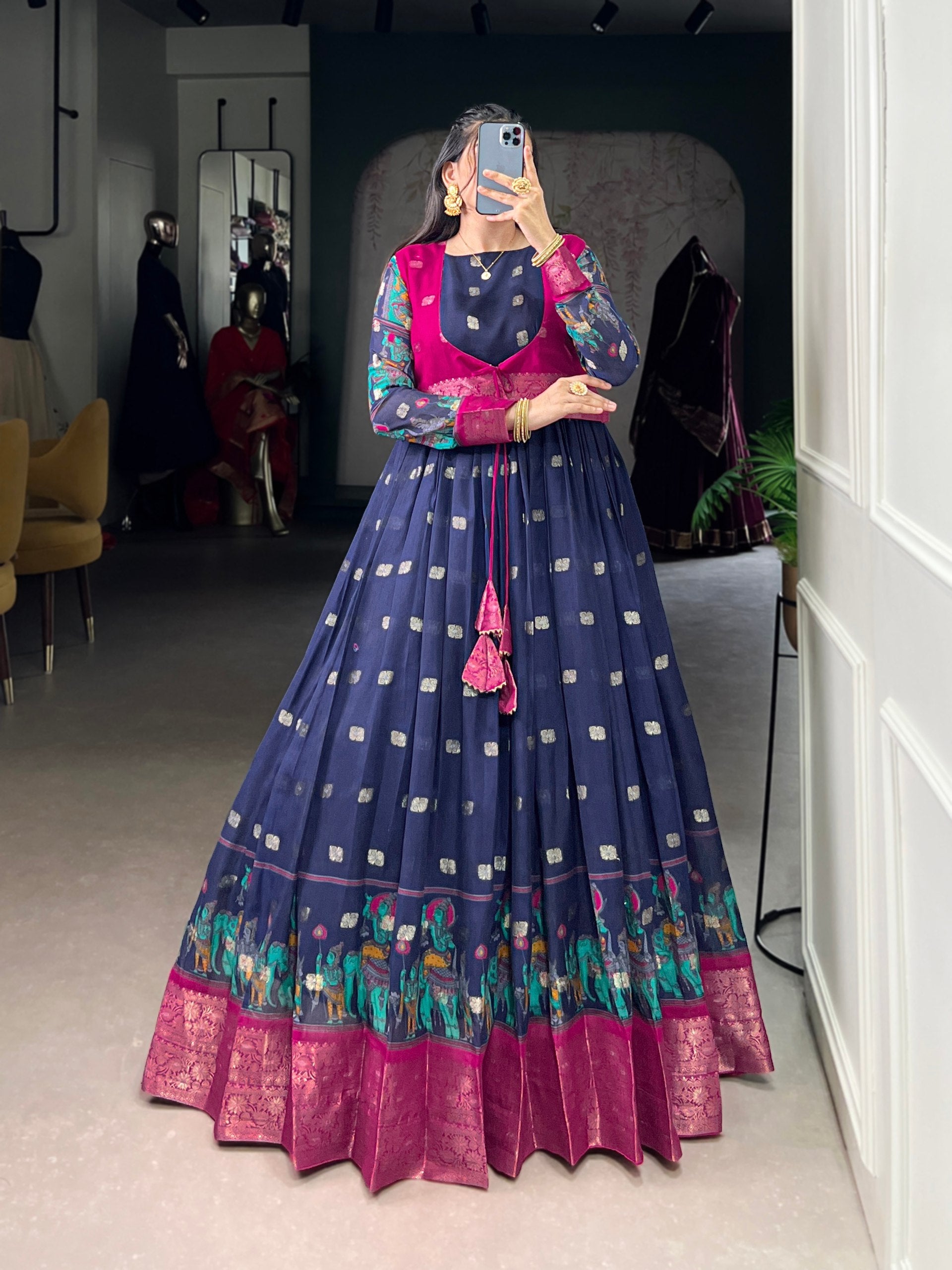 Navy Blue Kalamkari Printed Poly Cotton Gown with Zari Weaving Koti Set ClothsVilla