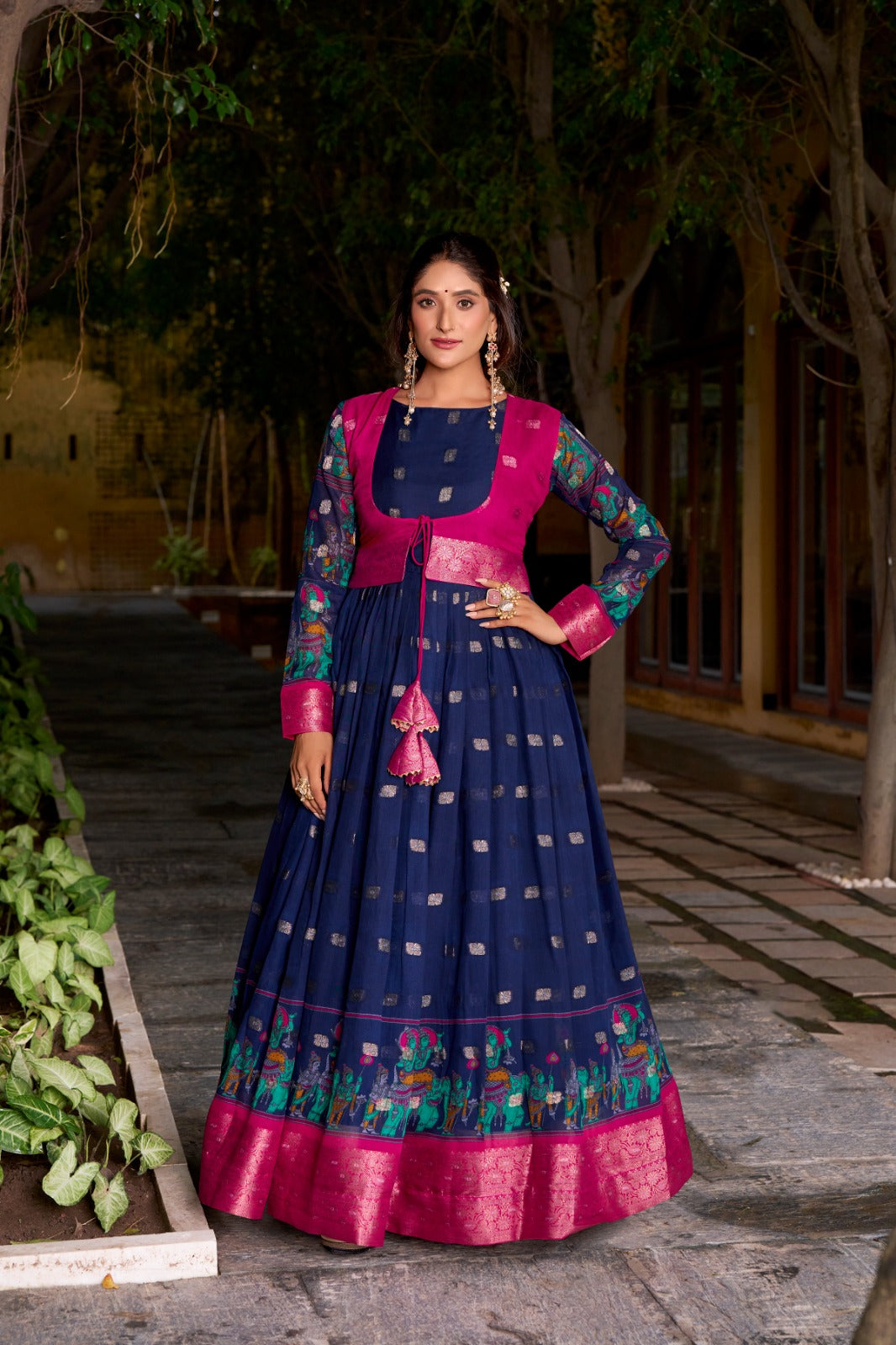Navy Blue Kalamkari Printed Poly Cotton Gown with Zari Weaving Koti Set ClothsVilla