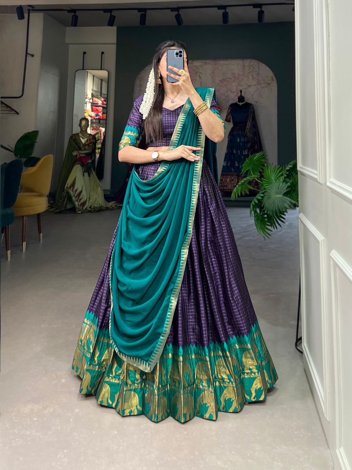 Navy Blue Kalyani Cotton Lehenga Choli Set with Flowy Georgette Dupatta for Timeless Elegance ClothsVilla Main image