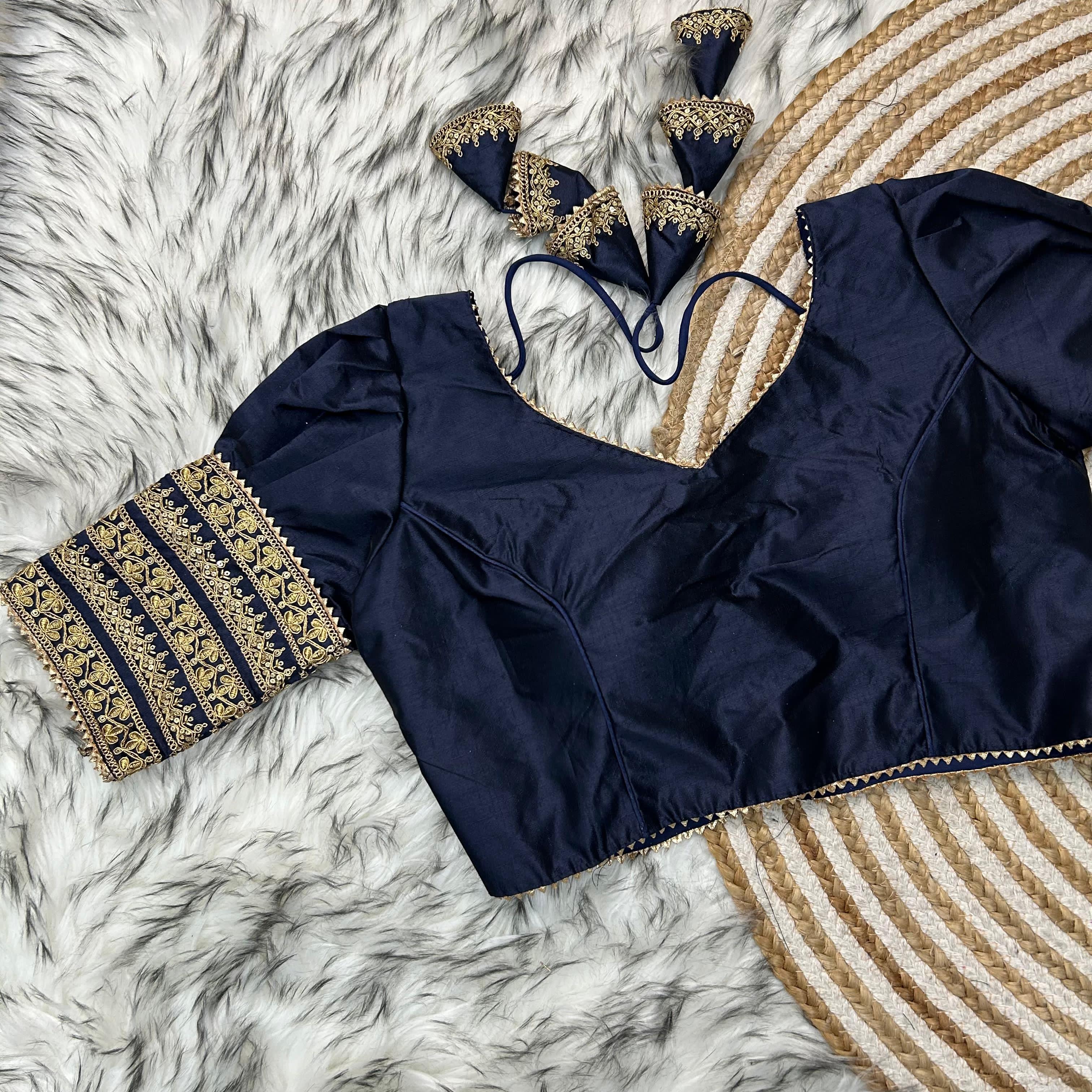 Navy Blue Kilmora Silk Blouse with Handcrafted Embroidery and Sequence Accents ClothsVilla Main image