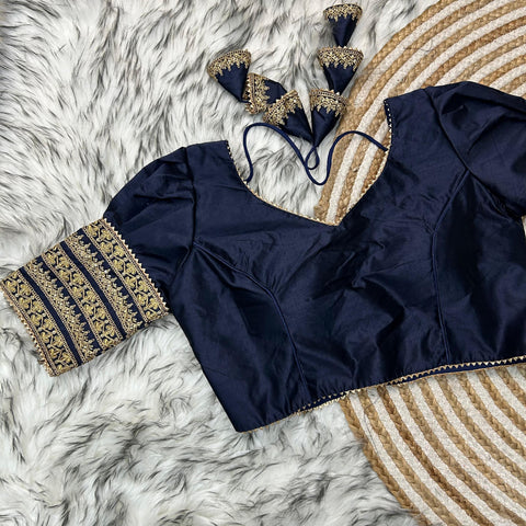 Navy Blue Kilmora Silk Blouse with Handcrafted Embroidery and Sequence Accents ClothsVilla Main image